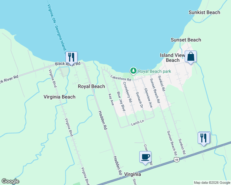 map of restaurants, bars, coffee shops, grocery stores, and more near 54 Blue Jay Boulevard in Georgina