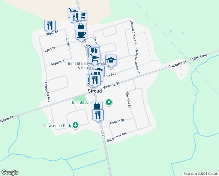 map of restaurants, bars, coffee shops, grocery stores, and more near 2156 10th Line in Innisfil