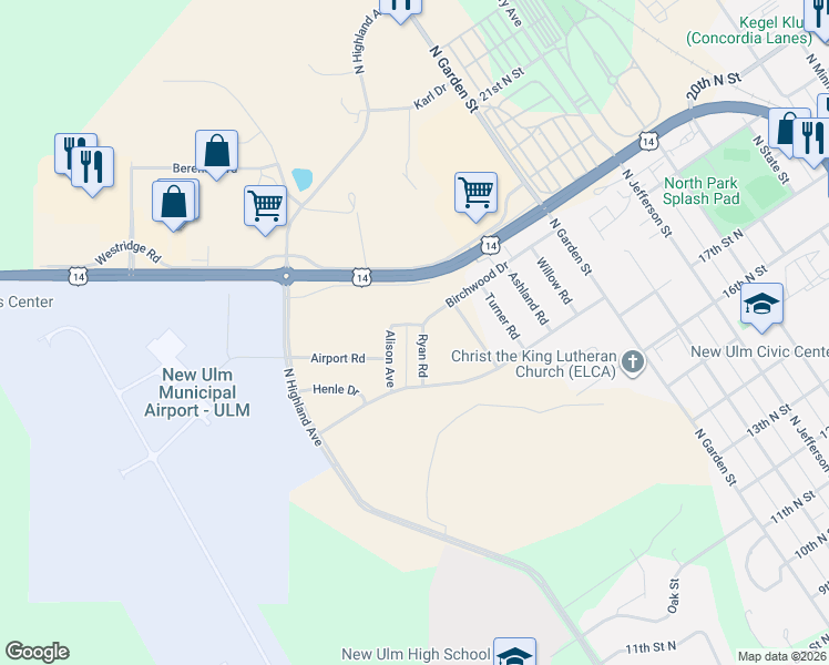 map of restaurants, bars, coffee shops, grocery stores, and more near 1919 Ryan Road in New Ulm