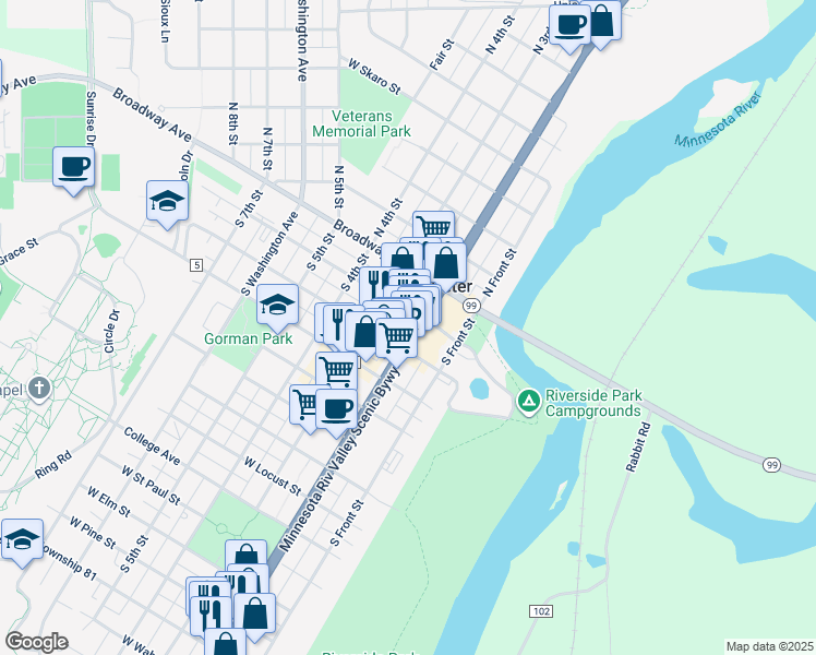 map of restaurants, bars, coffee shops, grocery stores, and more near 200 South Minnesota Avenue in Saint Peter