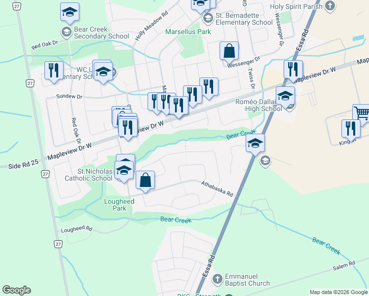 map of restaurants, bars, coffee shops, grocery stores, and more near 54 Columbia Road in Barrie