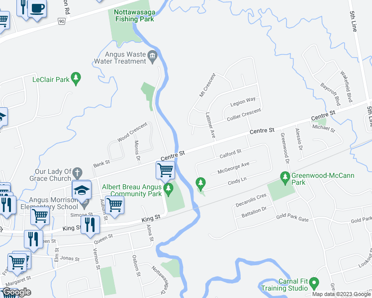 map of restaurants, bars, coffee shops, grocery stores, and more near 193 Centre Street in Angus
