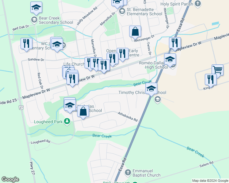 map of restaurants, bars, coffee shops, grocery stores, and more near 66 Columbia Road in Barrie