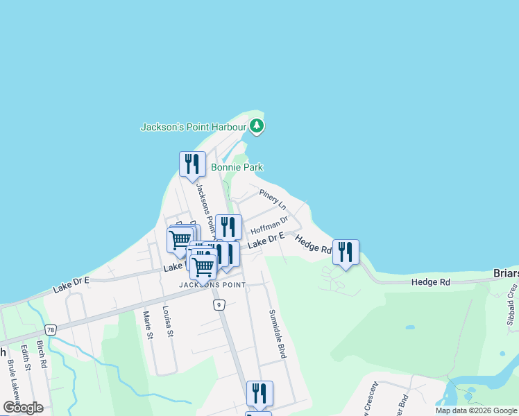 map of restaurants, bars, coffee shops, grocery stores, and more near 50 Pinery Lane in Georgina