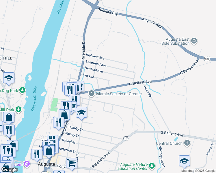 map of restaurants, bars, coffee shops, grocery stores, and more near 2051 North Belfast Avenue in Augusta