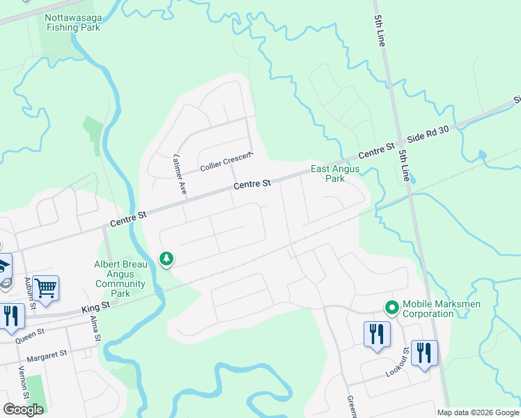 map of restaurants, bars, coffee shops, grocery stores, and more near Malcolm Street in Angus