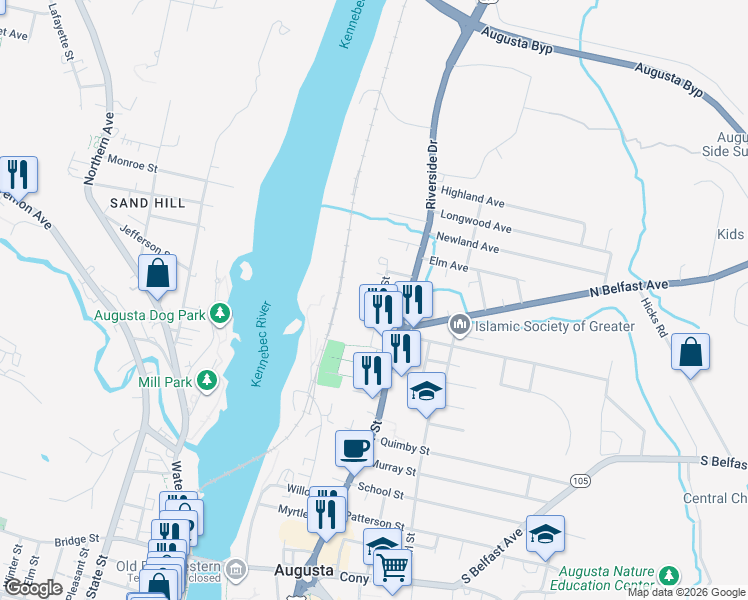 map of restaurants, bars, coffee shops, grocery stores, and more near 12 Allen Street in Augusta