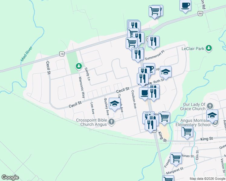 map of restaurants, bars, coffee shops, grocery stores, and more near 27 Cecil Street in Angus