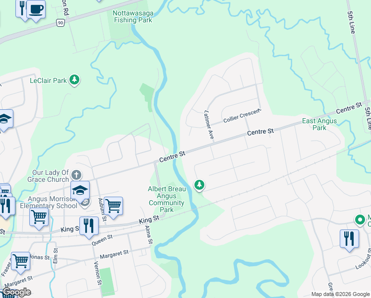 map of restaurants, bars, coffee shops, grocery stores, and more near 175 Centre Street in Angus