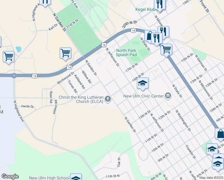 map of restaurants, bars, coffee shops, grocery stores, and more near 1100 16th Street North in New Ulm