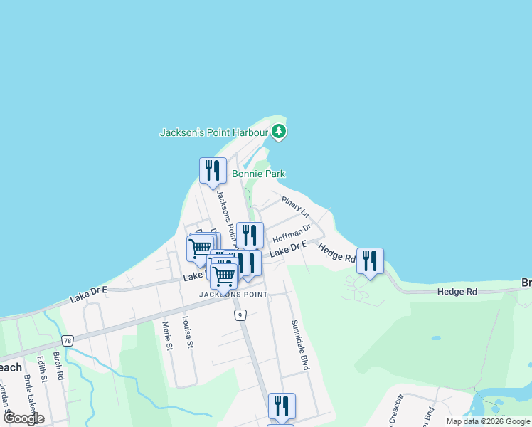 map of restaurants, bars, coffee shops, grocery stores, and more near 50 Pinery Lane in Georgina