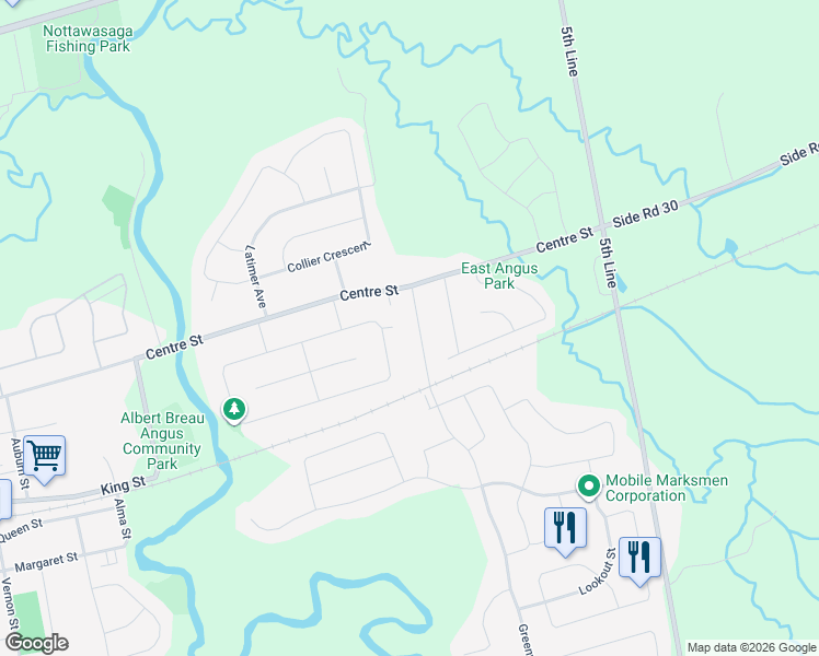map of restaurants, bars, coffee shops, grocery stores, and more near 32 Greenwood Drive in Angus