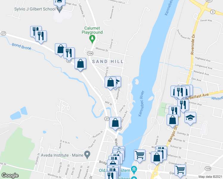 map of restaurants, bars, coffee shops, grocery stores, and more near 16 Kendall Street in Augusta