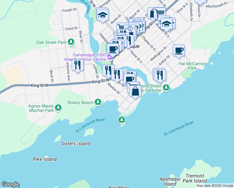 map of restaurants, bars, coffee shops, grocery stores, and more near 80 Market Street in Gananoque