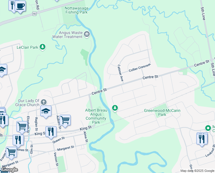 map of restaurants, bars, coffee shops, grocery stores, and more near 201 Centre Street in Angus