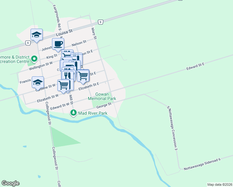 map of restaurants, bars, coffee shops, grocery stores, and more near 71 Edward Street East in Creemore