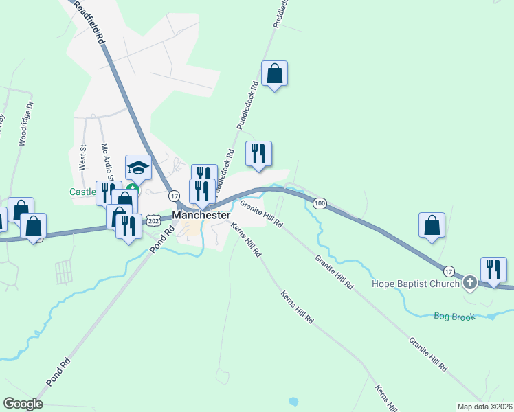 map of restaurants, bars, coffee shops, grocery stores, and more near 18 Granite Hill Road in Manchester