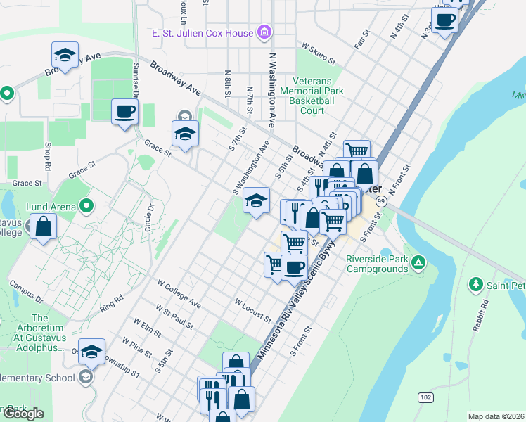 map of restaurants, bars, coffee shops, grocery stores, and more near 417 County Road 5 in Saint Peter
