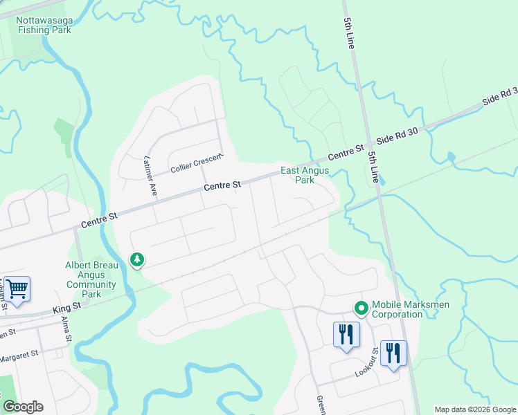 map of restaurants, bars, coffee shops, grocery stores, and more near 37 Greenwood Drive in Angus