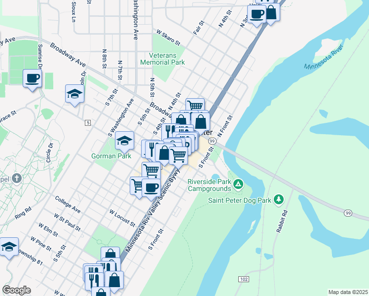 map of restaurants, bars, coffee shops, grocery stores, and more near 200 South Minnesota Avenue in Saint Peter