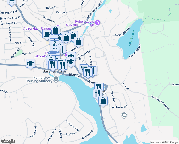 map of restaurants, bars, coffee shops, grocery stores, and more near 34 Shepard Avenue in Saranac Lake