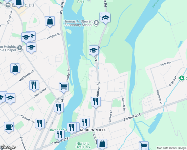map of restaurants, bars, coffee shops, grocery stores, and more near 921 Armour Road in Peterborough