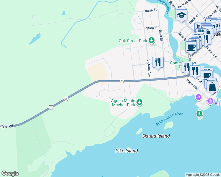 map of restaurants, bars, coffee shops, grocery stores, and more near 670 Steel Street in Gananoque
