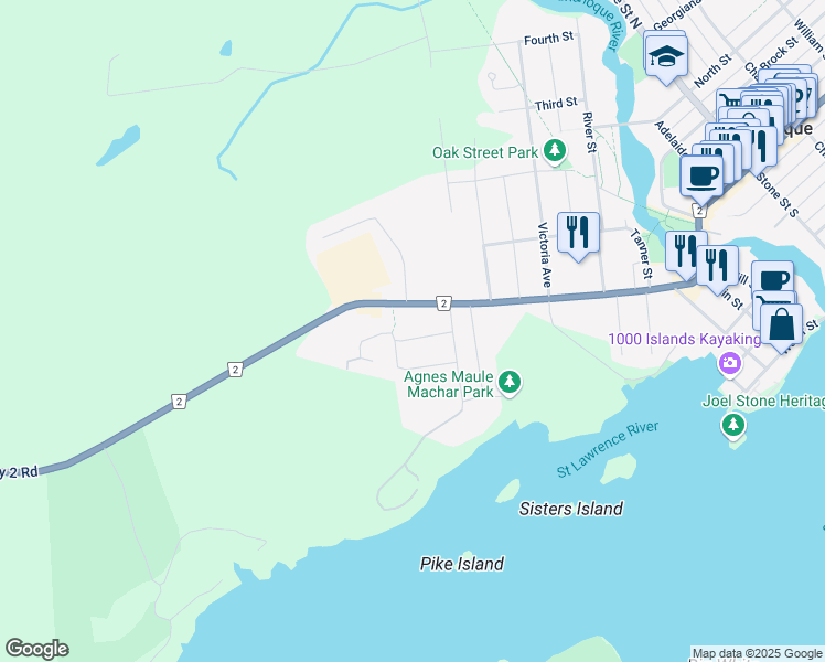 map of restaurants, bars, coffee shops, grocery stores, and more near 660 Steel Street in Gananoque