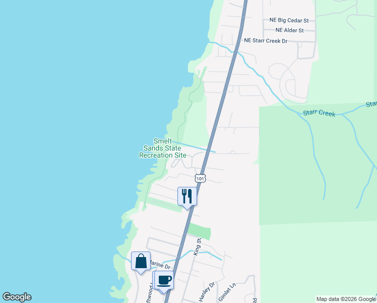 map of restaurants, bars, coffee shops, grocery stores, and more near 2088-2090 Overleaf Loop in Yachats