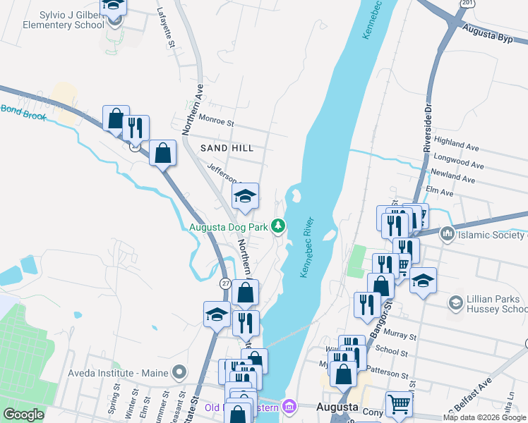 map of restaurants, bars, coffee shops, grocery stores, and more near 6 Waldo Street in Augusta