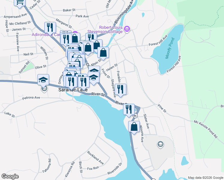 map of restaurants, bars, coffee shops, grocery stores, and more near 34 Shepard Avenue in Saranac Lake