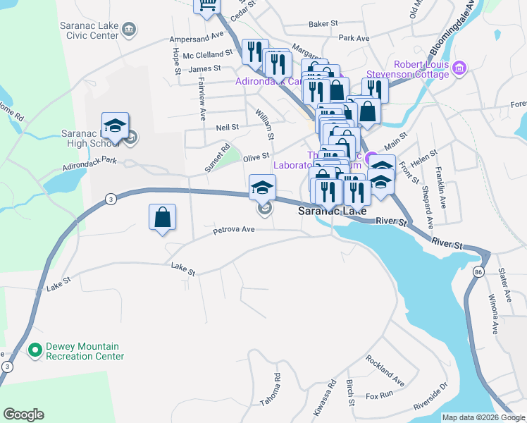 map of restaurants, bars, coffee shops, grocery stores, and more near 28 Park Ave in Saranac Lake