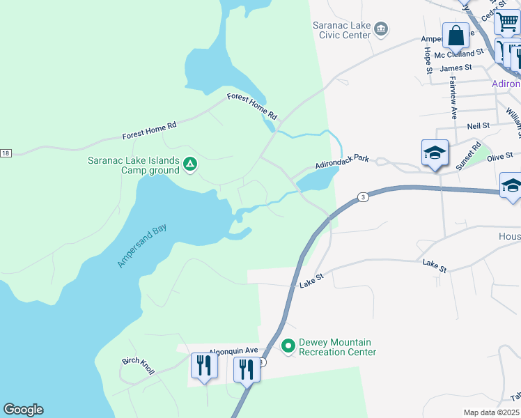 map of restaurants, bars, coffee shops, grocery stores, and more near Adirondack Park in Saranac Lake