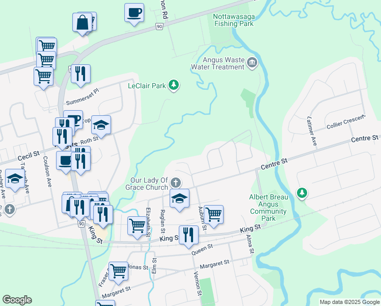 map of restaurants, bars, coffee shops, grocery stores, and more near 31 Wood Crescent in Angus