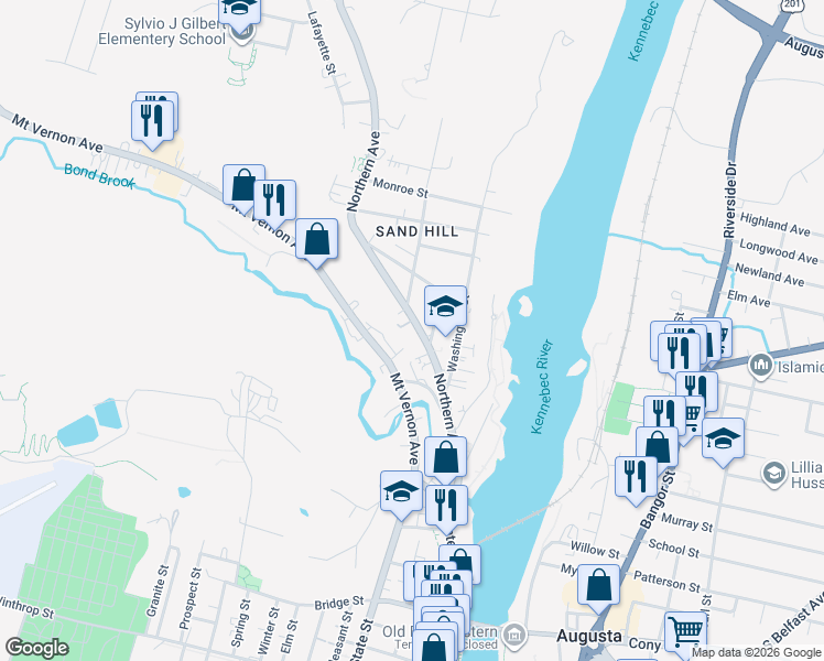 map of restaurants, bars, coffee shops, grocery stores, and more near 98 Northern Avenue in Augusta