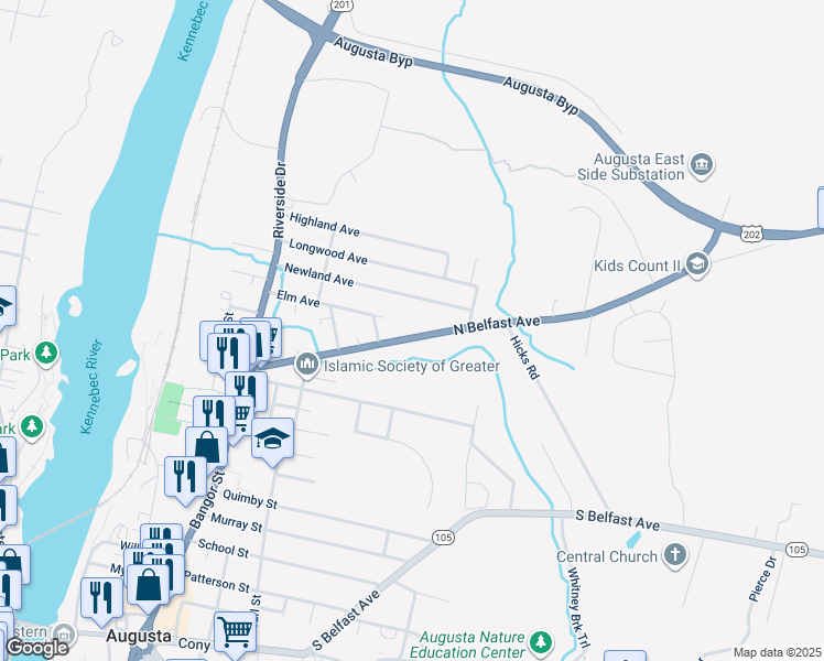 map of restaurants, bars, coffee shops, grocery stores, and more near 2067 North Belfast Avenue in Augusta