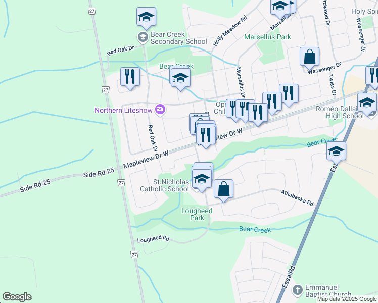 map of restaurants, bars, coffee shops, grocery stores, and more near 8 Assiniboine Drive in Barrie