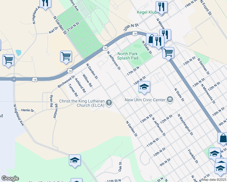 map of restaurants, bars, coffee shops, grocery stores, and more near 1100 16th Street North in New Ulm