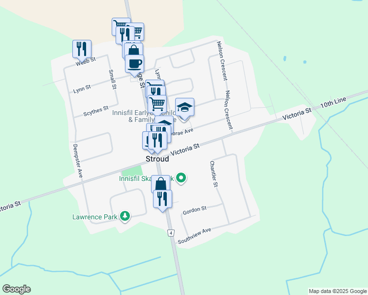map of restaurants, bars, coffee shops, grocery stores, and more near 2156 10th Line in Innisfil