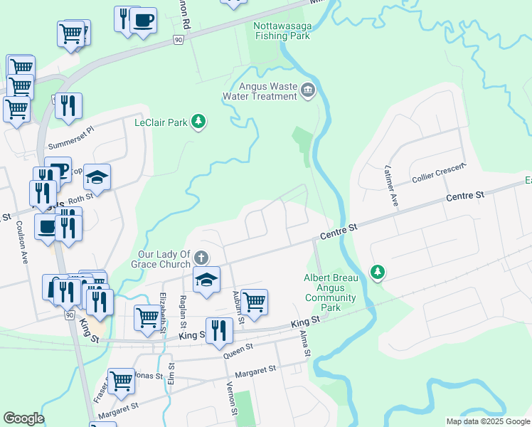 map of restaurants, bars, coffee shops, grocery stores, and more near 31 Wood Crescent in Angus