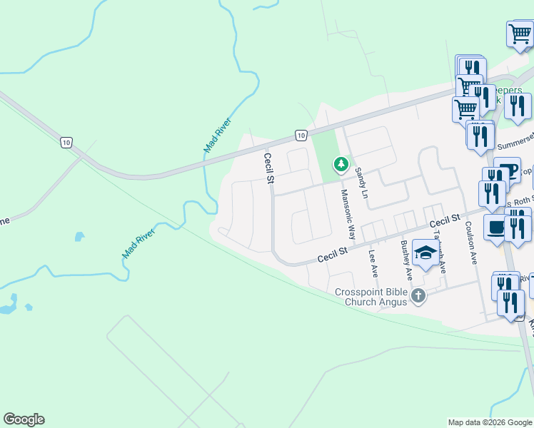 map of restaurants, bars, coffee shops, grocery stores, and more near 102 Cecil Street in Essa