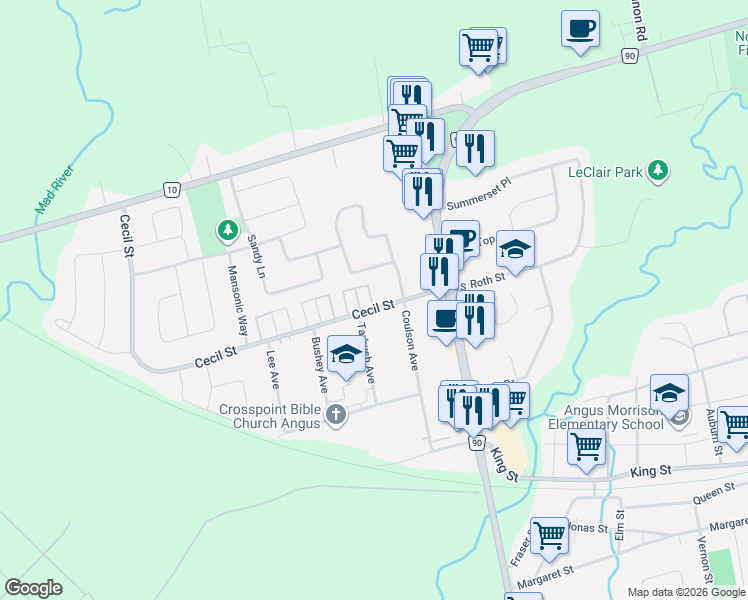 map of restaurants, bars, coffee shops, grocery stores, and more near 8 1st Street in Angus