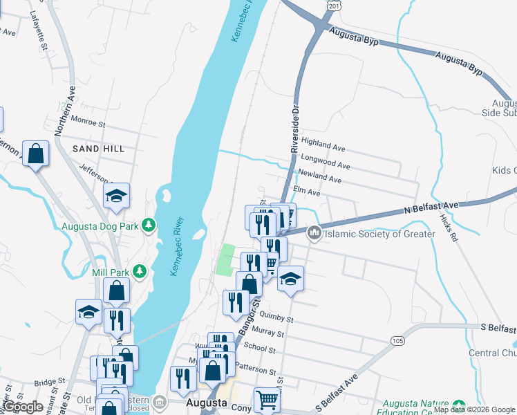 map of restaurants, bars, coffee shops, grocery stores, and more near 12 Allen Street in Augusta