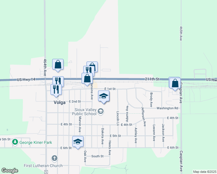 map of restaurants, bars, coffee shops, grocery stores, and more near 411 East 1st Street in Volga