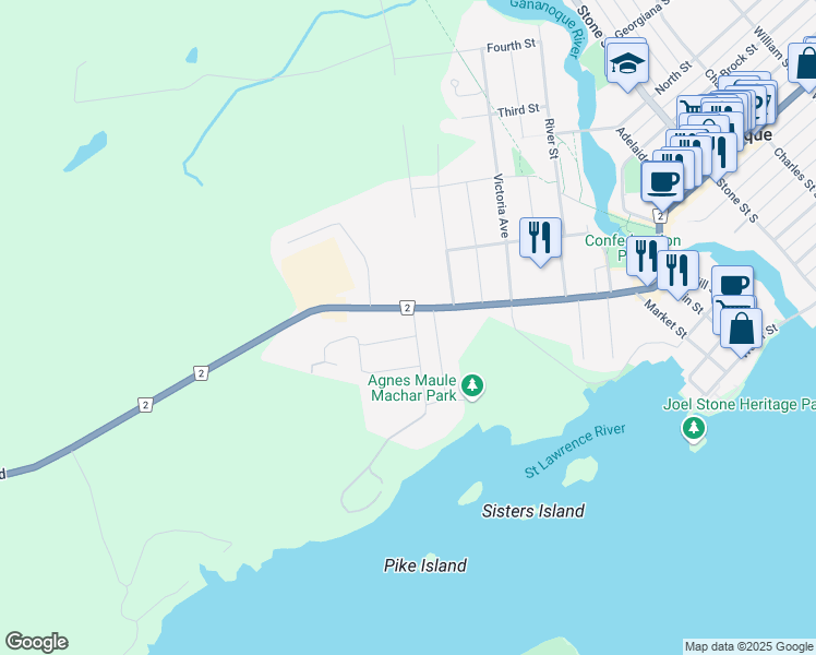 map of restaurants, bars, coffee shops, grocery stores, and more near 600 Steel Street in Gananoque