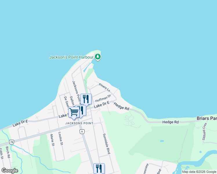 map of restaurants, bars, coffee shops, grocery stores, and more near 25 Pinery Lane in Georgina