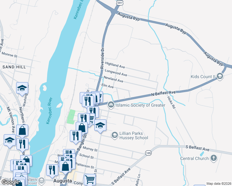 map of restaurants, bars, coffee shops, grocery stores, and more near 12 Spaulding Street in Augusta