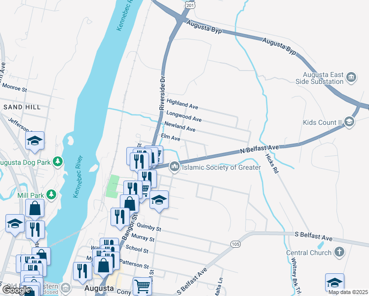 map of restaurants, bars, coffee shops, grocery stores, and more near 12 Spaulding Street in Augusta
