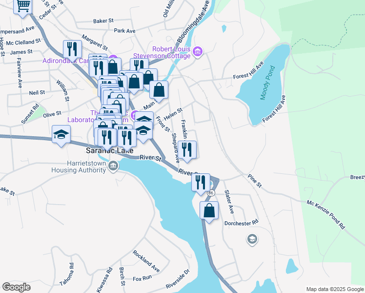 map of restaurants, bars, coffee shops, grocery stores, and more near 34 Shepard Avenue in Saranac Lake