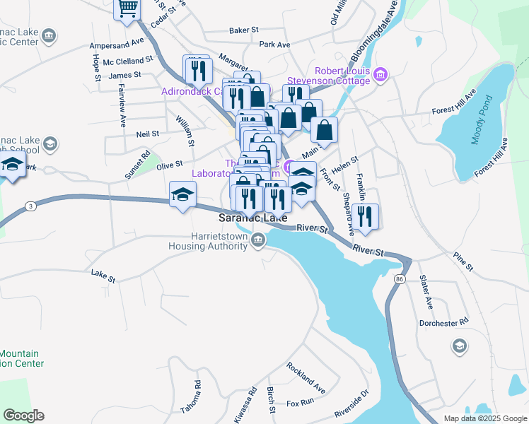 map of restaurants, bars, coffee shops, grocery stores, and more near in Saranac Lake